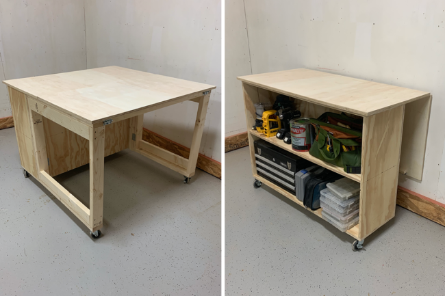 Et gør-det-selv arbejdsbord med sammenklappelig bordplade og hjul og et åbent skab i en ren garage.