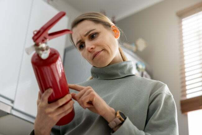 жена проверава апарат за гашење пожара