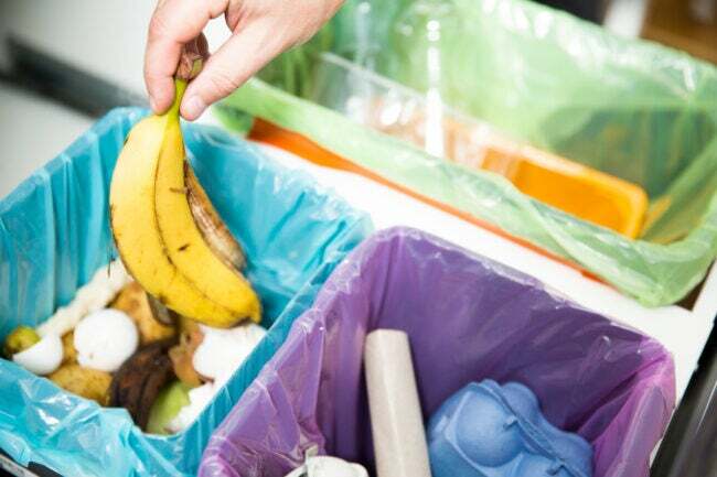 botes de basura y reciclaje en la cocina dibujan con la mano tirando cáscara de plátano
