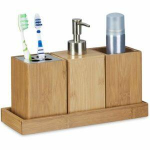 La migliore opzione per dispenser di sapone: set di 4 pezzi di accessori per il bagno Relaxdays, bambù