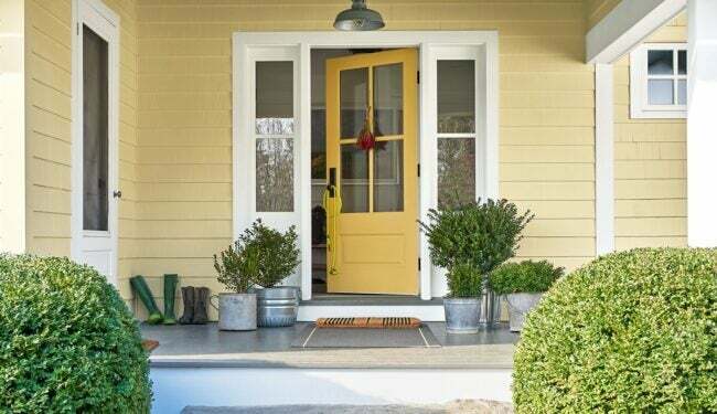Două plante verzi în ghivece stau lângă o ușă galbenă pe o verandă a unei case de siding galben.