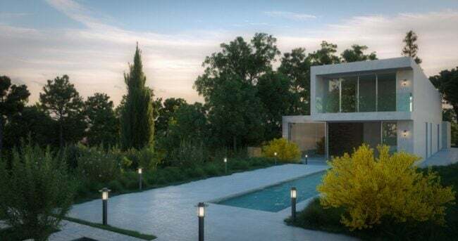 Koncepcja 3D nowoczesnego domu i basenu otoczonego światłami ścieżki