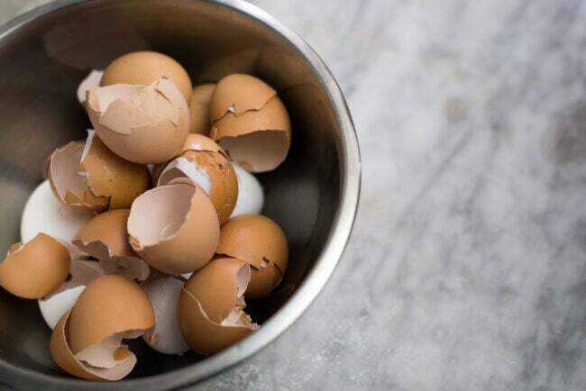 kepimo dubuo pilnas kiaušinių lukštų