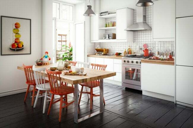 Cozinha doméstica e sala de jantar escandinava