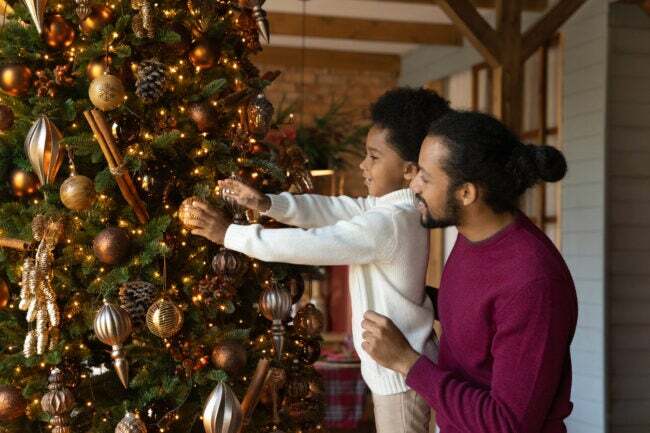 Bir baba, oturma odasındaki Noel ağacına süs koymasına izin vermek için oğlunu ayakta tutuyor.