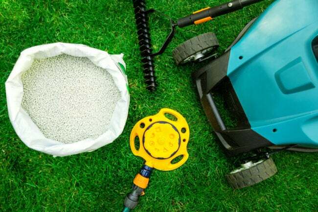 herramientas de césped con fertilizante químico sobre hierba verde brillante