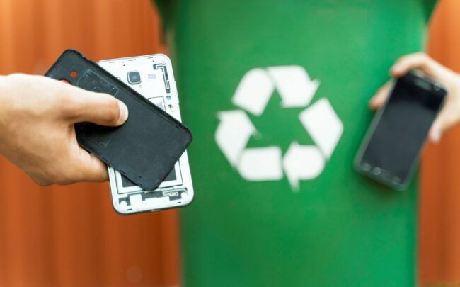 Χέρια που κρατούν παλιά κινητά τηλέφωνα με πράσινο κάδο ανακύκλωσης στο παρασκήνιο