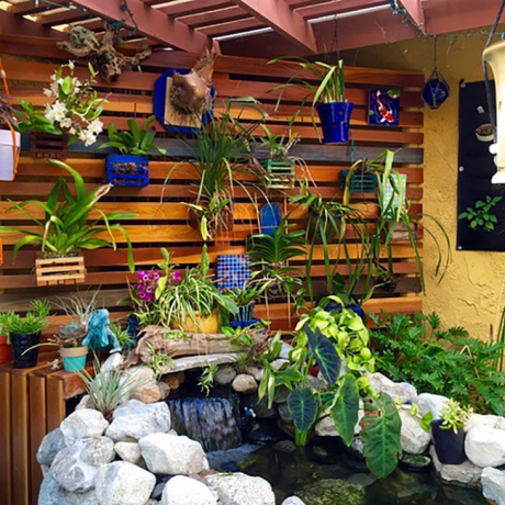 vertikální zahrada s orchidejovými stěnami s dřevěnými lamelami a květináči připevněnými ke zdi