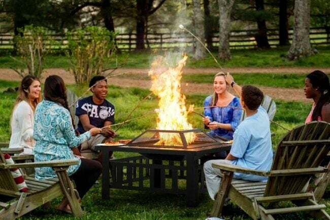 Sekelompok orang berkumpul di sekitar api unggun murahan sambil tersenyum dan memanggang marshmallow.