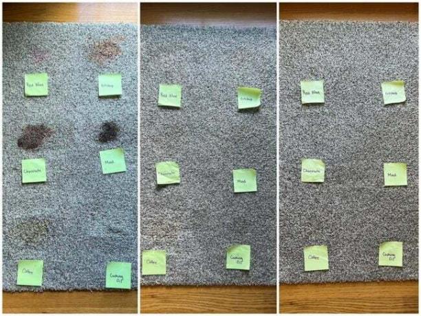 A Bissell ProHeat 2X Revolution Pet Pro használata után hat foltot tartalmazó koszos szőnyeg egymás mellé helyezése és tiszta szőnyeg.