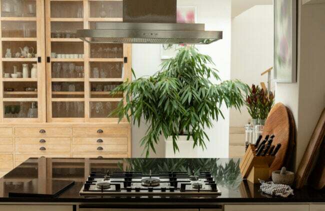 Mūsdienīgs virtuves interjers ar darba virsmu mājās. Autentisks mājas dzīvesveids ar jaunu afroamerikāņu vīrieti