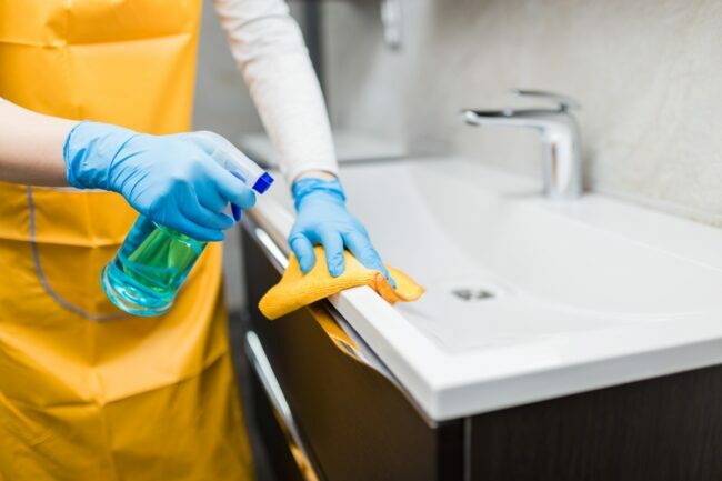 Mulher usando luvas e um avental amarelo pulverizando e limpando uma pia de banheiro.
