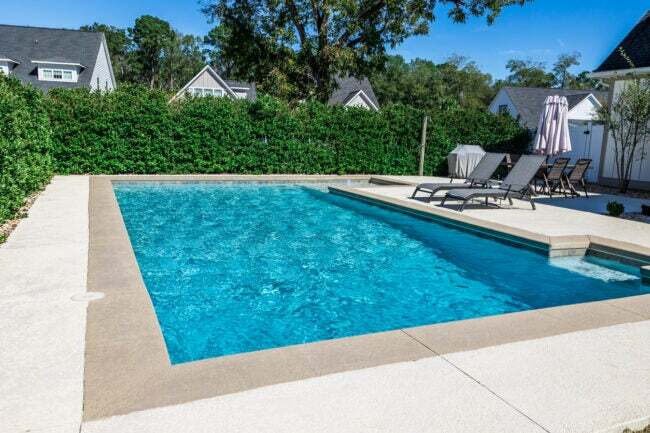 En rektangulær swimmingpool med solbrune betonkanter i den indhegnede baghave med privatlivshække.