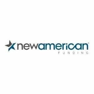 Vārdi “New American Funding” ir redzami pelēkā un zaļā krāsā ar uzņēmuma pelēko un zaļo zvaigznes formas logotipu uz balta fona.