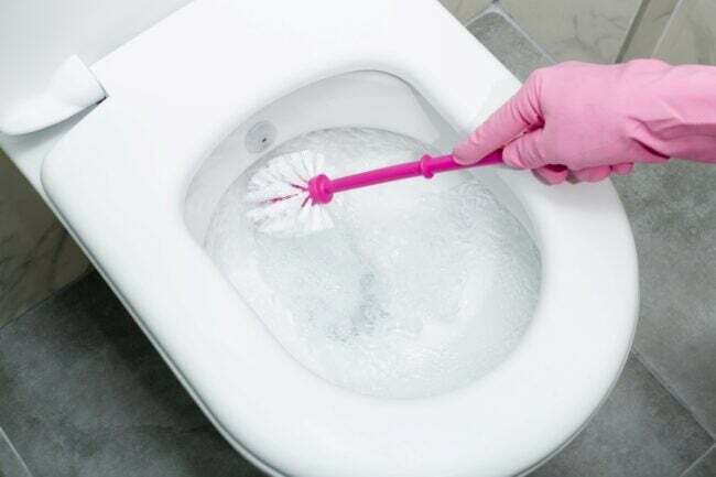 rózsaszín kesztyűt viselő személy WC-kefével a WC tisztításához 