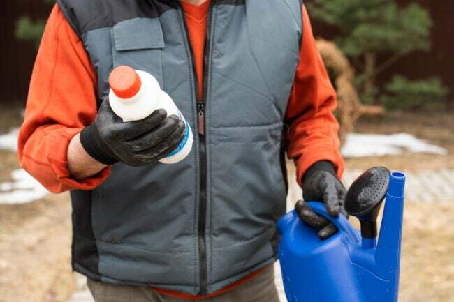 किसान के पुरुष हाथों में रासायनिक खरपतवार नाशक के साथ एक प्लास्टिक की बोतल और एक पानी का डिब्बा