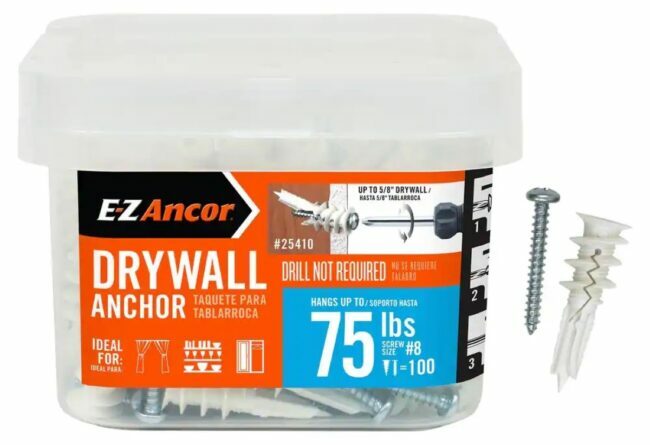 E-Z Ancor Twist-N-Lock jangkar dan sekrup drywall berulir dalam kotak plastik tembus pandang