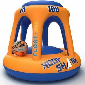 Labākais baseina rotaļlietu variants: FLOAT-EEZ komplekts Hoop Shark peldbaseina basketbola komplekts