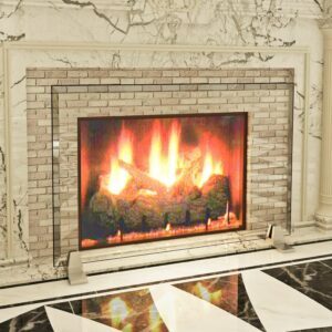 Clearly Innovative Glass Fireplace Screen, vgrajen v kamin z opečnatim okvirjem krem ​​barve in marmornim plaščem.