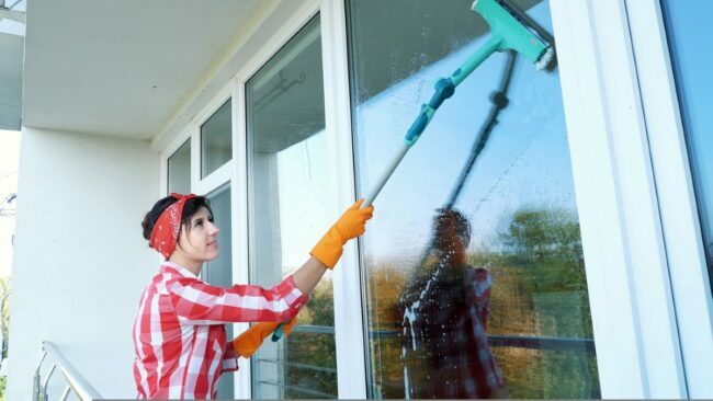 Жена почиства прозорец