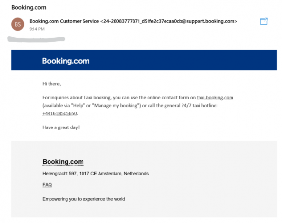 booking com Review Foto 8 - antwoord op e-mail taxiboeking