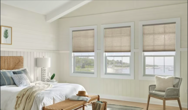 مظلات خلوية مصفاة للضوء على ثلاث نوافذ في غرفة النوم