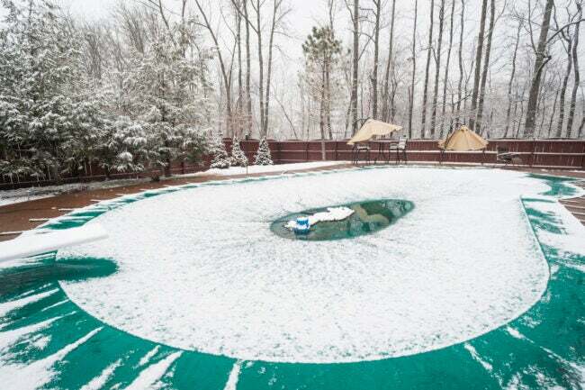 La neve si sta sciogliendo al centro della copertura di una piscina circondata da alberi invernali
