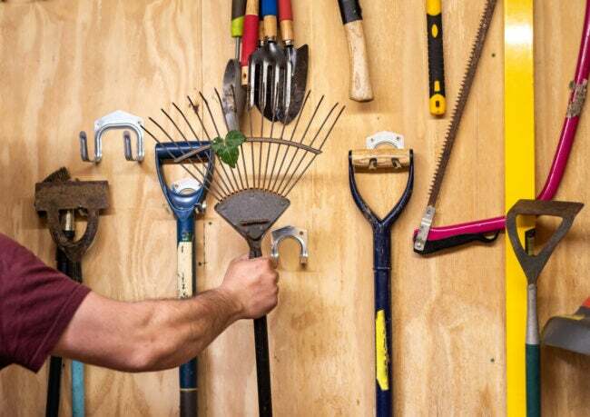 iStock-1434697376 ferramentas de jardinagem para limpeza de primavera Braço de homem tirando grama e ancinho de folha da parede de madeira com várias ferramentas de jardim DIY penduradas no galpão
