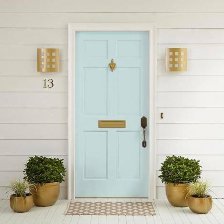 На крыльце белого дома по обе стороны от двери бледно-голубого цвета сидят два растения.