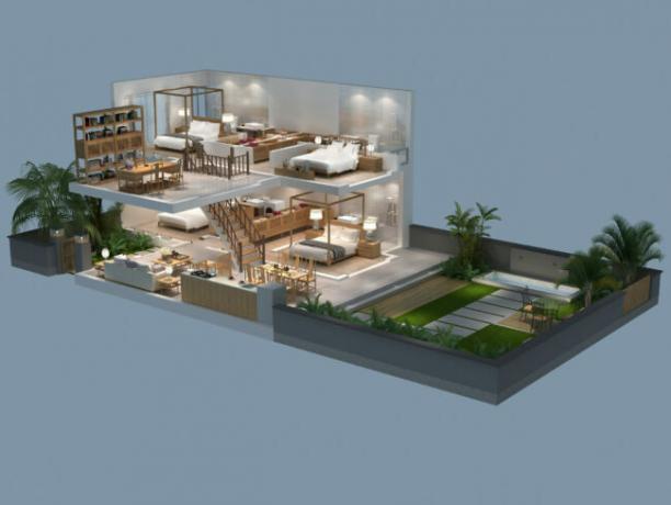 Ilustração 3D da vista isométrica de uma villa
