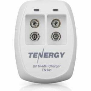 Tenergy TN141 Smart 2-Bay 9V NiMH baterijų įkroviklis baltame fone.