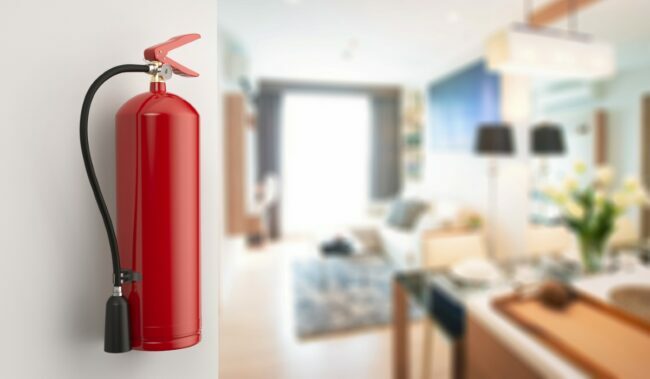 extintor de incendios colgado en la pared en casa