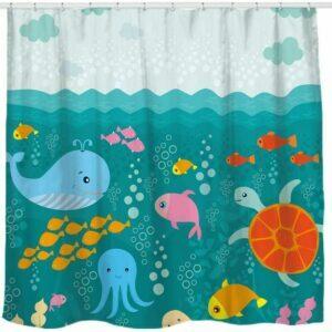 Најбоља опција за завесе за туширање: Туш од тканине љупких цртаних морских створења освијетљених сунцем