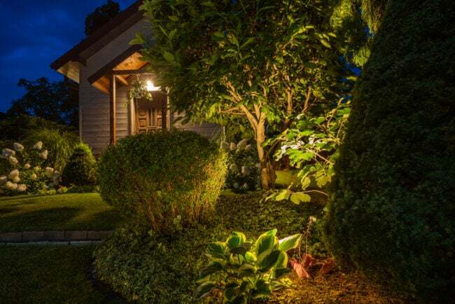 осветяване-пейзаж-храсти-растения-и-дърво-осветени-през-нощта-пред-кафява-къща