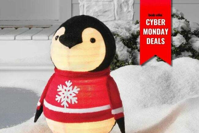 Semesterdekorationer för under $100 på Cyber ​​Monday, inklusive en pingvin i en tröja som står på en snöig gräsmatta