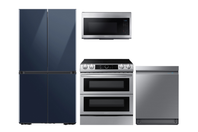 Обзор предложений 11:10 Опция: 4-дверный холодильник Samsung BESPOKE, электрическая плита, конвекционная микроволновая печь и линейная посудомоечная машина Smart